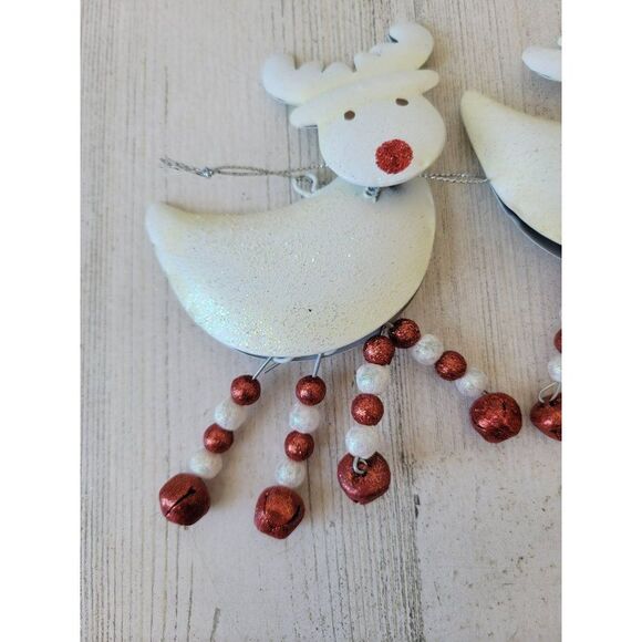 White Rudolph Red-Nosed Reindeer dangle feet Bell set glitter ornament Xmas - Picture 2 of 7